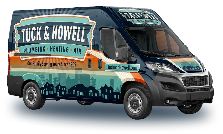 Blue service van with 'Tuck & Howell' logo, plumbing/heating/air text, and a city skyline graphic in teal and orange.