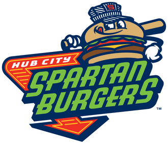 Logo for Hub City Spartan Burgers featuring a mascot with a cap and a large burger, bold green 'Spartan Burgers' lettering with red accent elements.