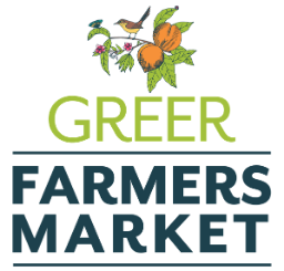 Greer Farmers Market logo with a colorful floral illustration above lime-green 'GREER' and dark blue 'FARMERS MARKET' text.