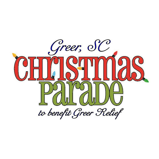 Greer, SC Christmas Parade logo promoting a charity event for Greer Relief with festive red and green typography and string lights.